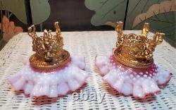 RARE ELEGANT FENTON Cranberry Opalescent Hobnail Bowls on Golden Cherub Stands