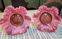 RARE ELEGANT FENTON Cranberry Opalescent Hobnail Bowls on Golden Cherub Stands