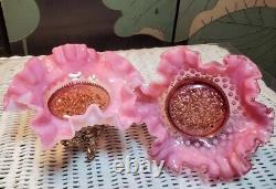 RARE ELEGANT FENTON Cranberry Opalescent Hobnail Bowls on Golden Cherub Stands