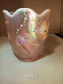 RARE FENTON GLASS OPALINE BAS-RELIEF FISH VASE HAND PAINTED SIGNED bubbles