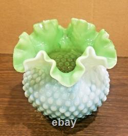 RARE Fenton Lime Green Opalescent Hobnail Cased Squatty 5 Rose Bowl Vase