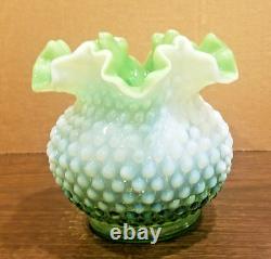 RARE Fenton Lime Green Opalescent Hobnail Cased Squatty 5 Rose Bowl Vase