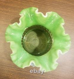 RARE Fenton Lime Green Opalescent Hobnail Cased Squatty 5 Rose Bowl Vase