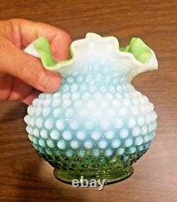 RARE Fenton Lime Green Opalescent Hobnail Cased Squatty 5 Rose Bowl Vase