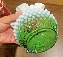 RARE Fenton Lime Green Opalescent Hobnail Cased Squatty 5 Rose Bowl Vase