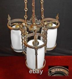 RARE GEC Art deco heavy cast bronze 3 arm chandelier opaline glass shades C-1930