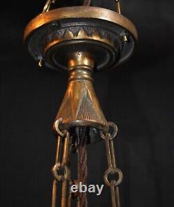 RARE GEC Art deco heavy cast bronze 3 arm chandelier opaline glass shades C-1930