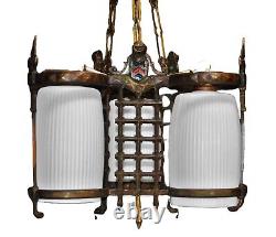 RARE GEC Art deco heavy cast bronze 3 arm chandelier opaline glass shades C-1930