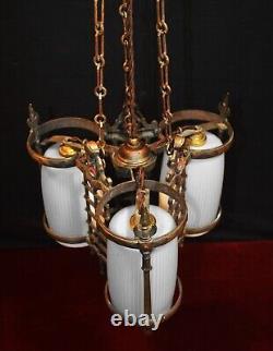 RARE GEC Art deco heavy cast bronze 3 arm chandelier opaline glass shades C-1930