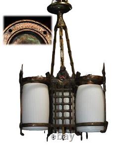 RARE GEC Art deco heavy cast bronze 3 arm chandelier opaline glass shades C-1930