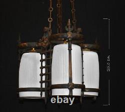 RARE GEC Art deco heavy cast bronze 3 arm chandelier opaline glass shades C-1930