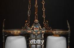 RARE GEC Art deco heavy cast bronze 3 arm chandelier opaline glass shades C-1930