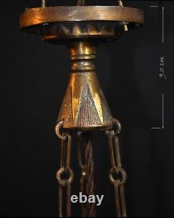 RARE GEC Art deco heavy cast bronze 3 arm chandelier opaline glass shades C-1930