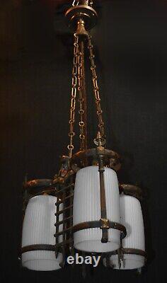 RARE GEC Art deco heavy cast bronze 3 arm chandelier opaline glass shades C-1930