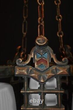 RARE GEC Art deco heavy cast bronze 3 arm chandelier opaline glass shades C-1930