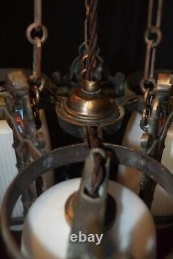 RARE GEC Art deco heavy cast bronze 3 arm chandelier opaline glass shades C-1930