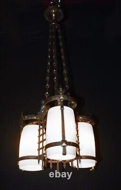 RARE GEC Art deco heavy cast bronze 3 arm chandelier opaline glass shades C-1930