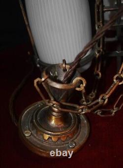 RARE GEC Art deco heavy cast bronze 3 arm chandelier opaline glass shades C-1930
