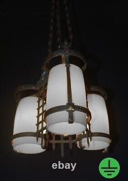 RARE GEC Art deco heavy cast bronze 3 arm chandelier opaline glass shades C-1930