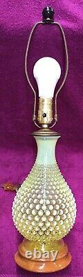 RARE VINTAGE FENTON VASELINE GLASS HOBNAIL TOPAZ OPALESCENT LAMP 1940's