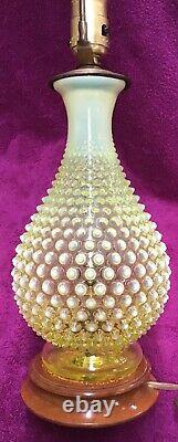 RARE VINTAGE FENTON VASELINE GLASS HOBNAIL TOPAZ OPALESCENT LAMP 1940's