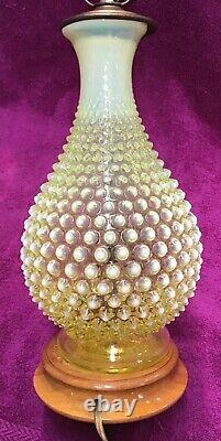 RARE VINTAGE FENTON VASELINE GLASS HOBNAIL TOPAZ OPALESCENT LAMP 1940's