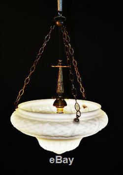 Rare 1930s art deco pressed Opaline glass school house plafoniere pendant light