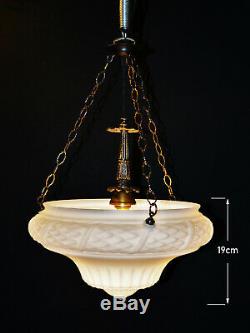 Rare 1930s art deco pressed Opaline glass school house plafoniere pendant light