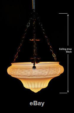 Rare 1930s art deco pressed Opaline glass school house plafoniere pendant light