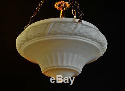 Rare 1930s art deco pressed Opaline glass school house plafoniere pendant light