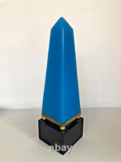 Rare Antique French Blue Opalescent Glass Obelisk on Wooden Base