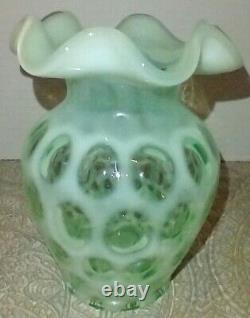 Rare Fenton Art Glass Green Opalescent Coin Dot Ruffled Vase 5 1/4 Signed