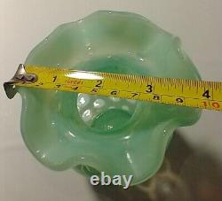 Rare Fenton Art Glass Green Opalescent Coin Dot Ruffled Vase 5 1/4 Signed