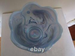 Rare Fenton Blue Opalescent Koi Fish Vase Hand Painted Signed Label USA XLNT