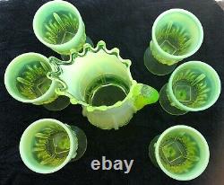 Rare Fenton Cactus Topaz Opalescent Vaseline Glass Pitcher & Six Goblets Limited