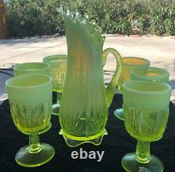 Rare Fenton Cactus Topaz Opalescent Vaseline Glass Pitcher & Six Goblets Limited