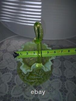 Rare Fenton Daisy Fern Topaz Vaseline Opalescent 11 Ruffled Basket Loop Handle