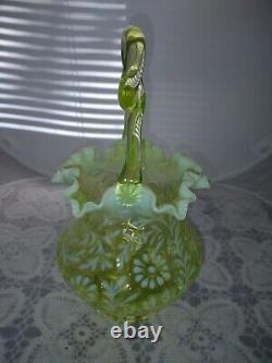 Rare Fenton Daisy Fern Topaz Vaseline Opalescent 11 Ruffled Basket Loop Handle