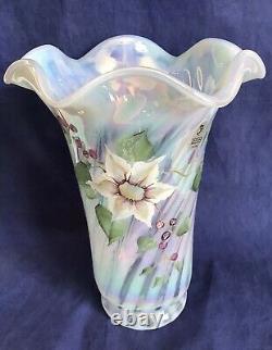 Rare Fenton French Opalescent Iridescent Hand Painted Foral Spiral Optic Vase