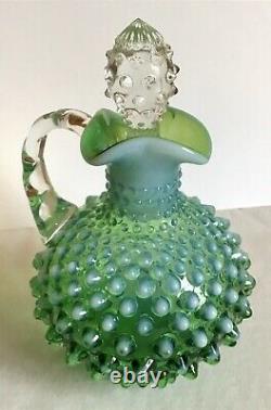 Rare Fenton Green Opalescent Hobnail Handled Glass Cruet And Stopper