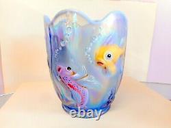 Rare Fenton Opaline Bas-relief Fish Vase Hand Painted Signed Scalloped Rim