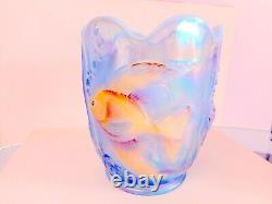 Rare Fenton Opaline Bas-relief Fish Vase Hand Painted Signed Scalloped Rim