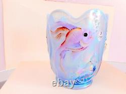 Rare Fenton Opaline Bas-relief Fish Vase Hand Painted Signed Scalloped Rim