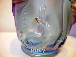 Rare Fenton Opaline Bas-relief Fish Vase Hand Painted Signed Scalloped Rim