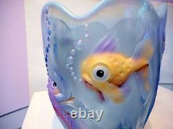 Rare Fenton Opaline Bas-relief Fish Vase Hand Painted Signed Scalloped Rim