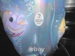 Rare Fenton Opaline Bas-relief Fish Vase Hand Painted Signed Scalloped Rim