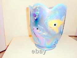 Rare Fenton Opaline Bas-relief Fish Vase Hand Painted Signed Scalloped Rim