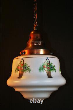 Rare Genuine 1930s art deco Opaline Milk Glass Schoolhouse Pendant Light lantern