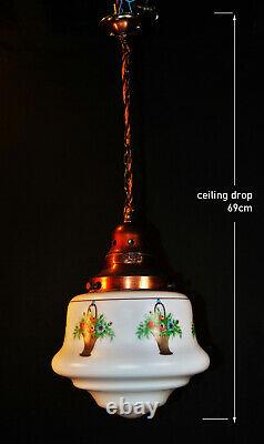 Rare Genuine 1930s art deco Opaline Milk Glass Schoolhouse Pendant Light lantern