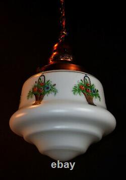 Rare Genuine 1930s art deco Opaline Milk Glass Schoolhouse Pendant Light lantern